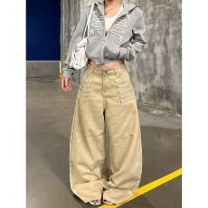 批发美式复古双排扣直筒牛仔裤男女秋冬款高街设计感宽松显瘦阔腿裤