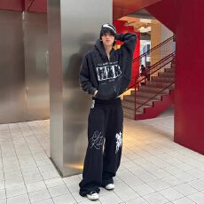 批发战马刺绣双面穿多腰头黑色宽松baggy卫裤<b class='q'>男</b>女美式高级感阔腿长裤