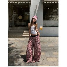 批发美式复古星星刺绣撞色条纹裤男女秋季2026垂感宽松阔腿慵懒风长裤