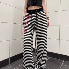 批发美式辣妹设计感条纹休闲裤女秋季2026新款高腰显瘦运动直筒阔腿裤