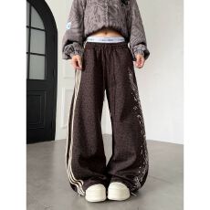 批发暗夜豹<b class='q'>女</b>美式设计感街头风复古条纹拼接满印豹纹阔腿卫裤街舞长裤