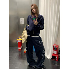 批发美式复古字母印花深海蓝色运动卫裤<b class='q'>女</b>生秋季新款潮流百搭阔腿长裤