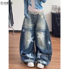 批发新款百搭美式复古脏染做旧涂鸦牛仔<b class='q'>裤</b>宽松阔腿弯刀<b class='q'>裤</b>拖地<b class='q'>裤</b>长<b class='q'>裤</b>