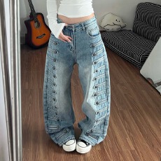 批发美式复古小众设计弯刀牛仔<b class='q'>裤</b>男女洗水做旧高街港风百搭阔腿<b class='q'>裤</b><b class='q'>潮</b>