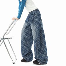 批发美式复古设计感渐变格纹阔腿牛仔<b class='q'>裤</b>男女宽松百搭潮流拖地<b class='q'>裤</b>