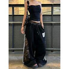 批发原版做法美式假两件迷彩拼接条纹弯刀卫裤男女街舞潮牌阔腿<b class='q'>裤子</b>