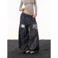 批发美式复古豹纹飞马刺绣休闲裤女秋季直筒设计感抽绳街头<b class='q'>长裤</b>女