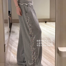 批发垂感烫钻网红ins秋季新款闪闪印花毛圈棉宽松休闲裤阔腿<b class='q'>长裤</b>