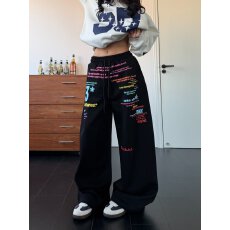 批发美式复古彩色字母标语阔腿休闲裤女秋冬宽松街头休闲直筒拖地<b class='q'>长裤</b>