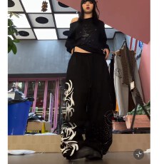批发美式烫钻印花阔腿<b class='q'>长裤</b>宽松hiphop爵士jazz休闲跳舞裤百搭拖地裤子