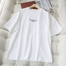 批发纯色简约立体字母刺绣男士纯棉短袖磨破毛边时尚流行圆领T恤上衣