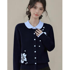 批发2025秋冬新款撞色翻领长袖针织开衫女气质减龄时尚设计感提花上衣