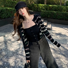 批发时尚百搭显瘦针织女<b class='q'>宽松</b>毛衣外套复古撞色提花短开衫/吊带两件套