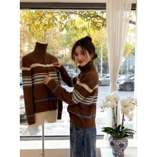 批发日韩系软糯半高领条纹修身针织衫女秋冬复古内外百搭叠穿打底上衣