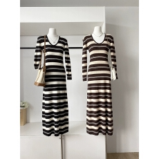 批发针织条纹简约秋冬百搭打底<b class='q'>连衣裙</b>女长袖修身显瘦慵懒风高腰<b class='q'>长裙</b>