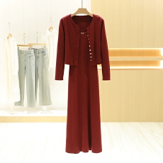 批发高级感时尚套装单排扣针织衫外套背心连衣裙两件套气质显瘦新款