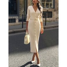 批发跨境欧美亚马逊优雅气质针织连衣裙精致高级前排扣配腰带毛衣长裙