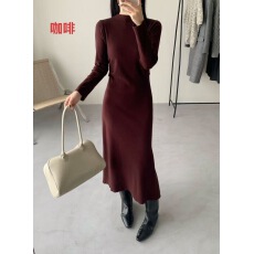 批发跨境欧美亚马逊优雅气质针织连衣裙精致高级前排扣配腰带毛衣长裙