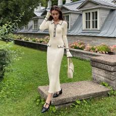 批发法式轻奢荷叶边针织连衣裙2025欧美新款秋冬毛衣裙翻领紧身中长裙