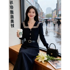 批发法式海军风针织<b class='q'>连衣裙</b>女2025秋冬新款<b class='q'>名媛</b>风收腰显瘦高级感长裙子