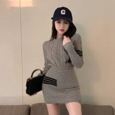 批发秋冬新款小香风气质冷淡系女装高级感学院风针织包臀裙两件套装女