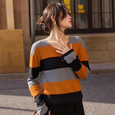 批发洋气减龄拼色条纹上衣女早春秋款松弛感慵懒宽松显瘦外穿针织<b class='q'>罩衫</b>