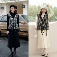 批发黑色针织拼接<b class='q'>连衣裙</b>两件套女2025春季搭配一整套千鸟格马甲套装