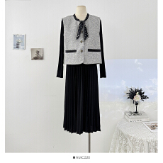 批发法式优雅气质毛呢马甲背心女秋季2025复古圆领长袖百褶连衣裙套装