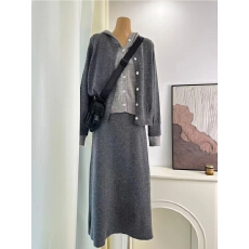 批发<b class='q'>大码</b>2025秋冬新款韩版简约气质假两件针织连帽毛衣＋长裙套装