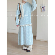 批发韩系蕾丝系带蝴蝶结露肩毛衣半身裙两件套秋冬软糯慵懒风针织衫