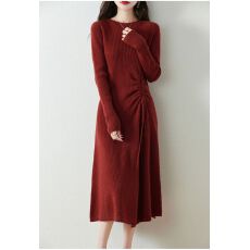 批发春秋法式气质羊绒针织<b class='q'>连衣裙</b>女圆领收腰显瘦抽绳<b class='q'>中长</b>款羊毛打底裙