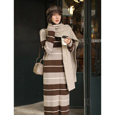 批发<b class='q'>大码</b>胖mm慵懒风条纹长袖毛衣连衣裙女2026春秋显瘦宽松针织打底裙