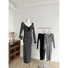 批发2026春秋新款韩系气质修身高级感条纹长裙女<b class='q'>通勤</b>收腰显瘦连衣裙潮