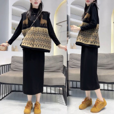 批发春季内搭针织毛衣<b class='q'>连衣裙</b>女宽松显瘦长裙+重工<b class='q'>刺绣</b>小鹿马甲两件套