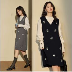 批发阔色灰色<b class='q'>刺绣</b>背心<b class='q'>连衣裙</b>女2026春季新款v领外搭针织毛衣短裙秋冬