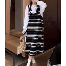 批发<b class='q'>条纹</b>针织吊带大码<b class='q'>连衣裙</b>套装秋季新款小个子复古宽松背心长裙子潮