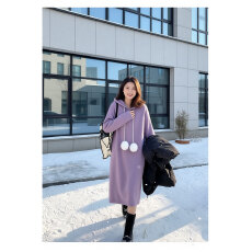 批发大码女装秋冬新款胖mm显瘦中长款高级感打底毛衣裙连帽针织<b class='q'>连衣裙</b>