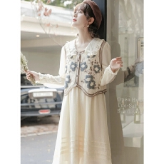 批发2026法式娃娃领裙+马夹大码套装 胖mm温柔气质马甲叠穿<b class='q'>连衣裙</b>套装