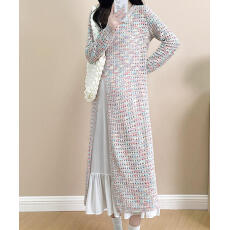 批发法式镂空短袖针织连衣裙女春秋长款侧开叉彩色度假风叠穿罩衫宽松