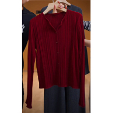 深灰色坑条长袖针织衫女2026春秋新款高级感修身显瘦打底衫上衣潮