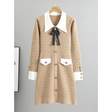 批发法式翻领蝴蝶结针织<b class='q'>连衣裙</b>气质女神范秋冬新款宽松温柔打底毛衣裙