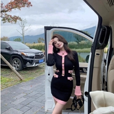 批发秋季新款小香风复古高级感时尚百搭小众修身显瘦长袖针织<b class='q'>连衣裙</b>女