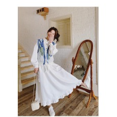 批发初春新款女装套装法式茶歇白色衬衫连衣裙外搭减龄针织马甲两件套