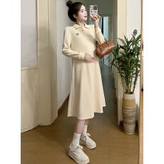 批发polo衫<b class='q'>连衣裙</b>长袖女<b class='q'>秋季</b>新款宽松学院风春季休闲运动刺绣翻领长裙