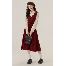 批发红色连衣裙小个子女生春秋新款气质超好看内搭假两件套装<b class='q'>衬衫</b>裙子