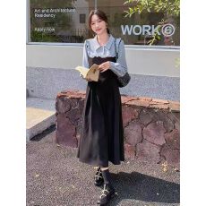 批发<b class='q'>大码</b>法式气质假撞色长袖<b class='q'>连衣裙</b><b class='q'>女</b>秋季胖MM木耳边收腰显瘦A字长<b class='q'>裙</b>