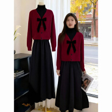 批发红色蝴蝶结针织毛衣女2026春秋显瘦遮肉黑色百褶半身裙两件套装