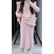 批发早春设计感孕大码女装套装新款设计感宽松蝴蝶结马甲连衣裙两件套