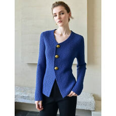 批发高级感穿搭休闲爆款2026年V领金属扣蓝色百搭高级感针织开衫外套