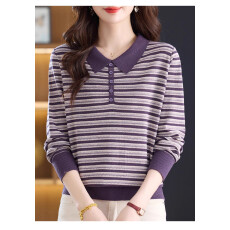 批发娃娃领毛衣女套头短款针织<b class='q'>打底衫</b>宽松大码女装<b class='q'>条纹</b>羊毛衫妈妈装秋